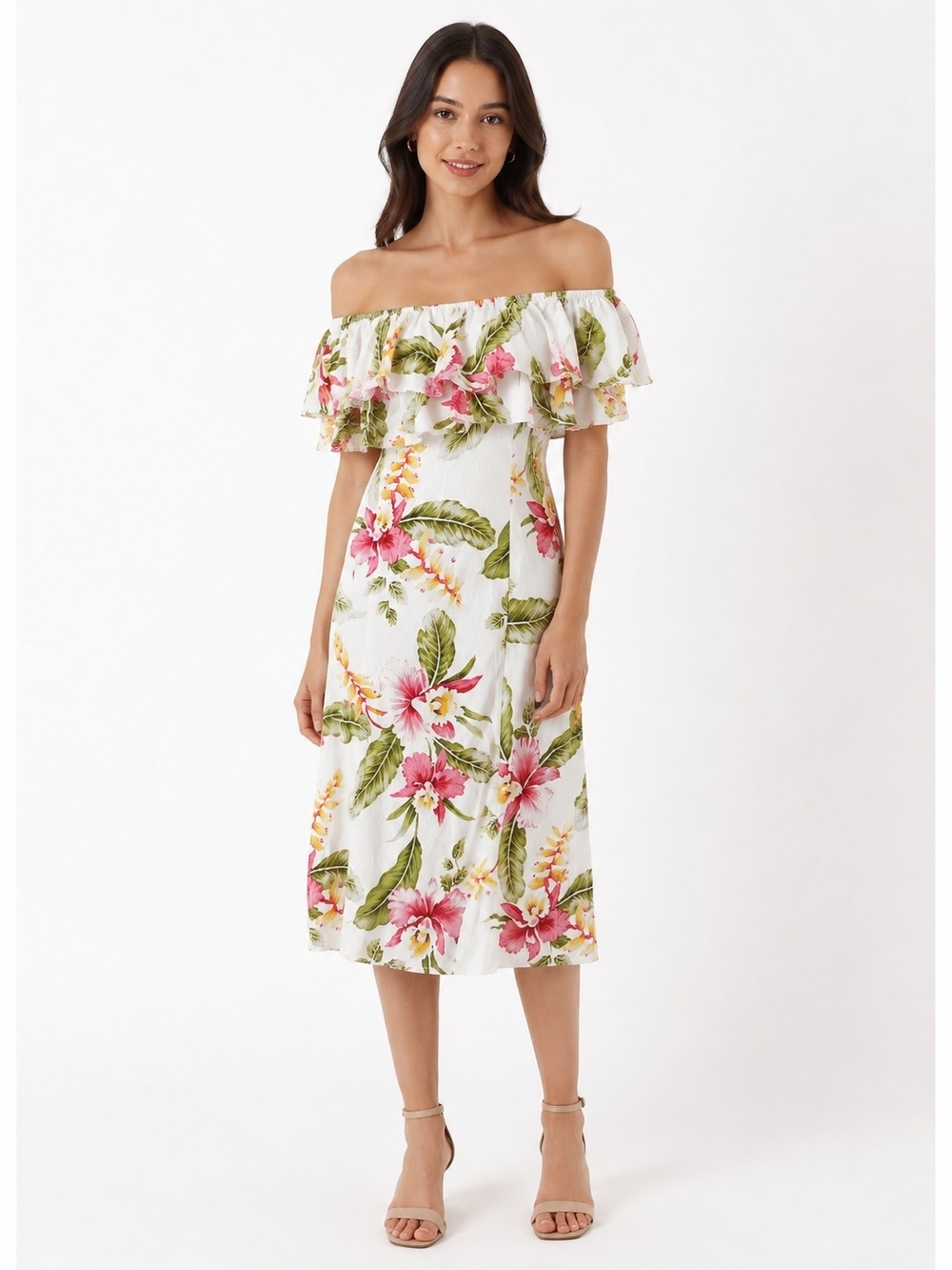 Two Palms Vintage Off-Shoulder Floral Midi Dress in White and Pink Women's XS